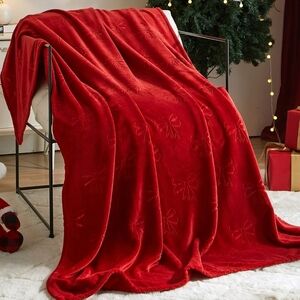 Red Plush Embossed Bows OverizedThrow Blanket, 50"x70"-NEW